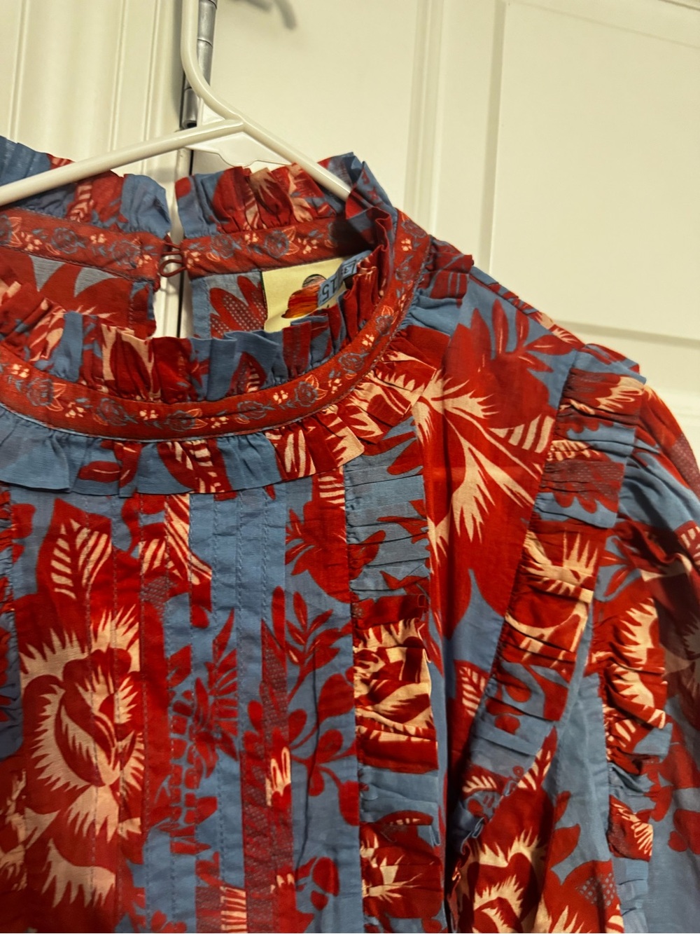 FARM Rio Red & Blue Floral Ruffled High-Neck Blouse